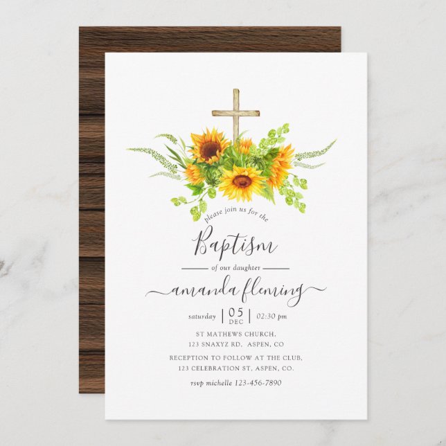 Convites Rustic Watercolor Bohemian Sunflower Baptism (Frente/Verso)