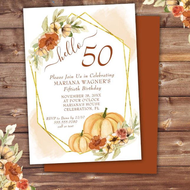 Convites Rustic Watercolor Fall Pumpkin 50º Aniversário (Criador carregado)