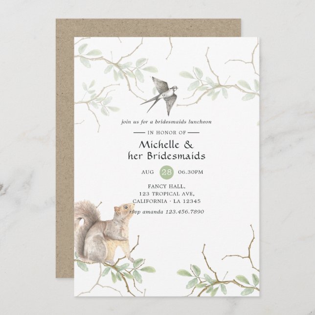 Convites Rustic Watercolor Forest Bridesmaids Luncheids (Frente/Verso)