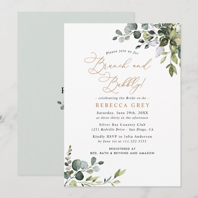 Convites Rustic Watercolor Greenery Dourado Brunch & Bubble (Frente/Verso)
