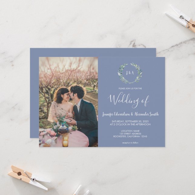 Convites Rustic watercolor leaves monogram photo Wedding (Frente/Verso In Situ)