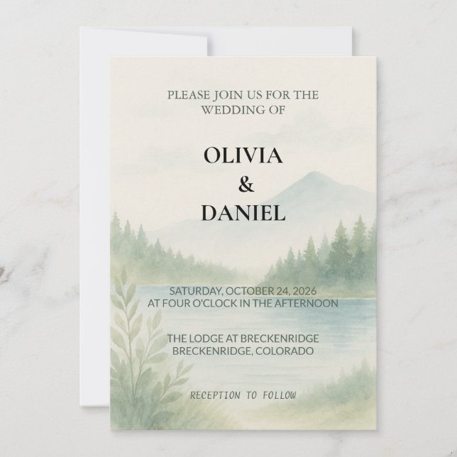 Convites Rustic Watercolor Mountain Forest Pine Wedding  (Frente)