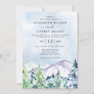 Convites Rustic Watercolor Mounts Pine Casamento no inverno