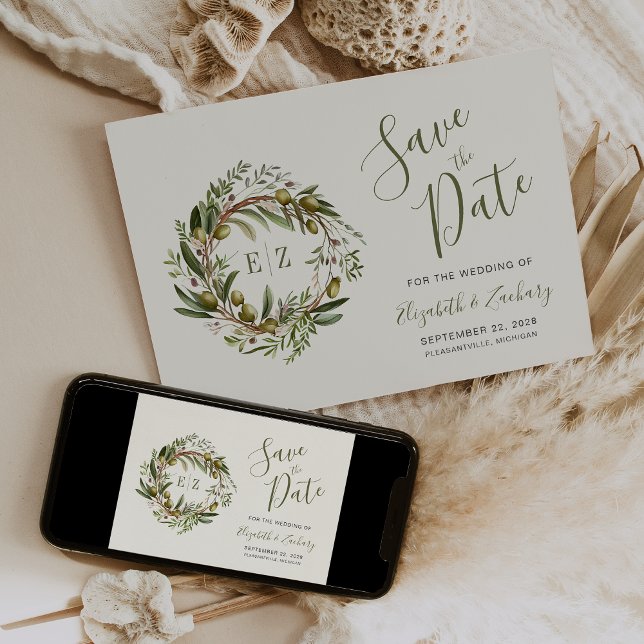 Convites Rustic Watercolor Olive Wreath Salvar Data (Criador carregado)