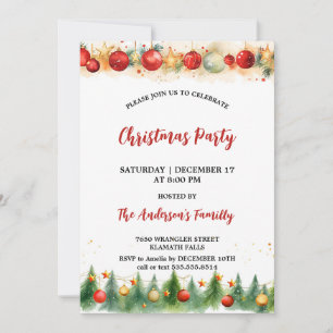 Convites Rustic Watercolor Ornaing & Pine Christmas Party