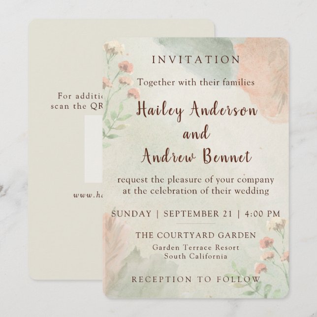 Convites Rustic Watercolor Peach and Green Minimal Wedding (Frente/Verso)