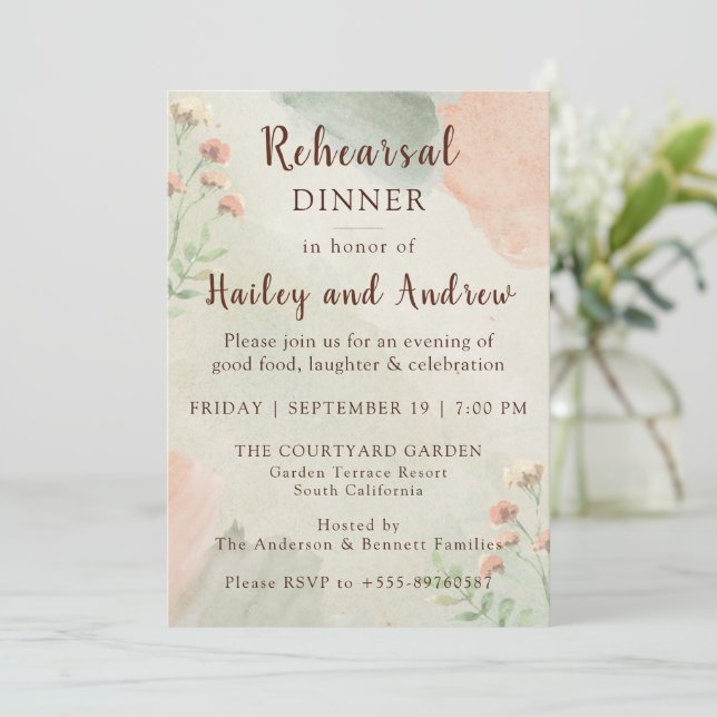 Convites Rustic Watercolor Peach & Green Rehearsal Dinner  (Em pé/Frente)