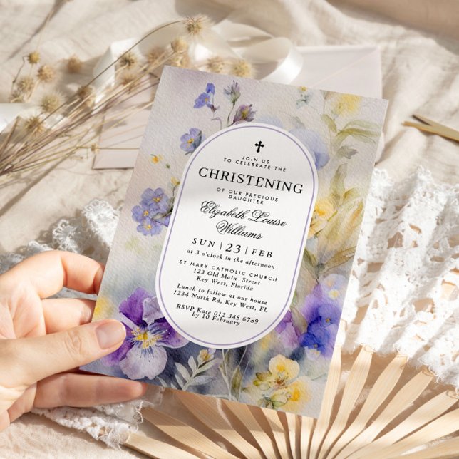 Convites Rustic Watercolor Purple & Yellow Christening (Criador carregado)