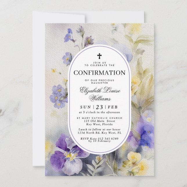 Convites Rustic Watercolor Purple & Yellow Confirmation (Frente)