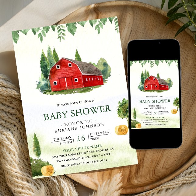 Convites Rustic Watercolor Red Barnyard Farm Baby Shower (Criador carregado)