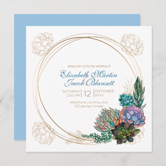 Convites Rustic Watercolor Succulent, Casamento Azul (Frente/Verso)