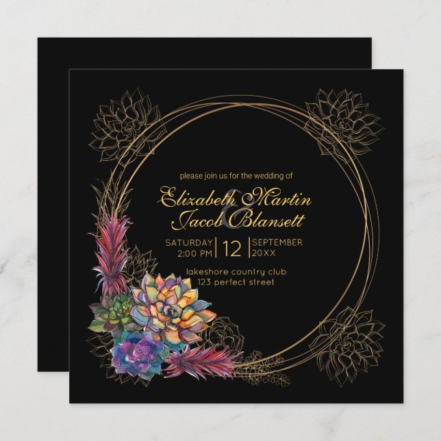 Convites Rustic Watercolor Succulent, Casamento Negro (Frente/Verso)