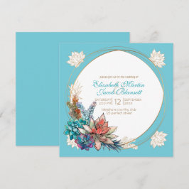Convites Rustic Watercolor Succulent, Teal Wedding