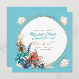 Convites Rustic Watercolor Succulent, Teal Wedding