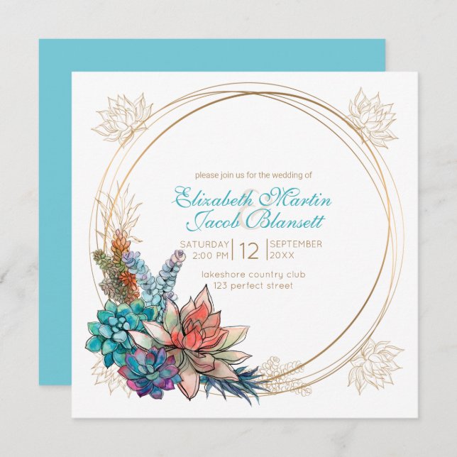 Convites Rustic Watercolor Succulent, Teal Wedding (Frente/Verso)