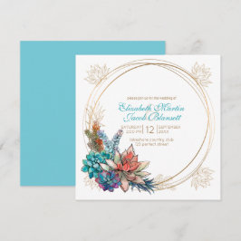 Convites Rustic Watercolor Succulent, Teal Wedding