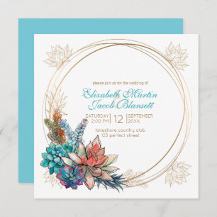 Convites Rustic Watercolor Succulent, Teal Wedding