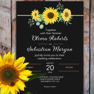 Convites Rustic Watercolor Sunflower Black Weding