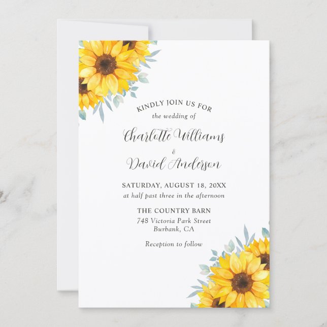 Convites Rustic Watercolor Sunflower Greenery Wedding (Frente)