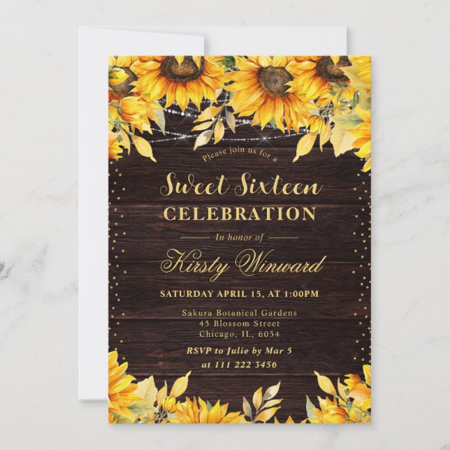 Convites Rustic Watercolor Sunflower Sweet 16 (Frente)