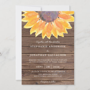 Convites Rustic Watercolor Sunflower Wood Casamento