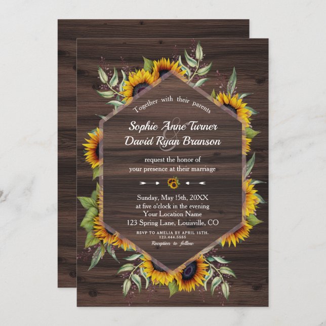 Convites Rustic Watercolor Sunflower Wood Casamento (Frente/Verso)