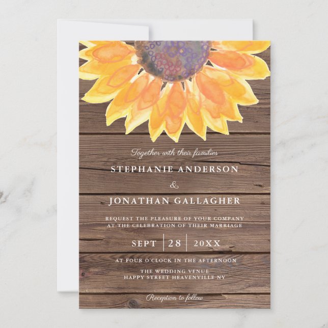 Convites Rustic Watercolor Sunflower Wood Code (Frente)