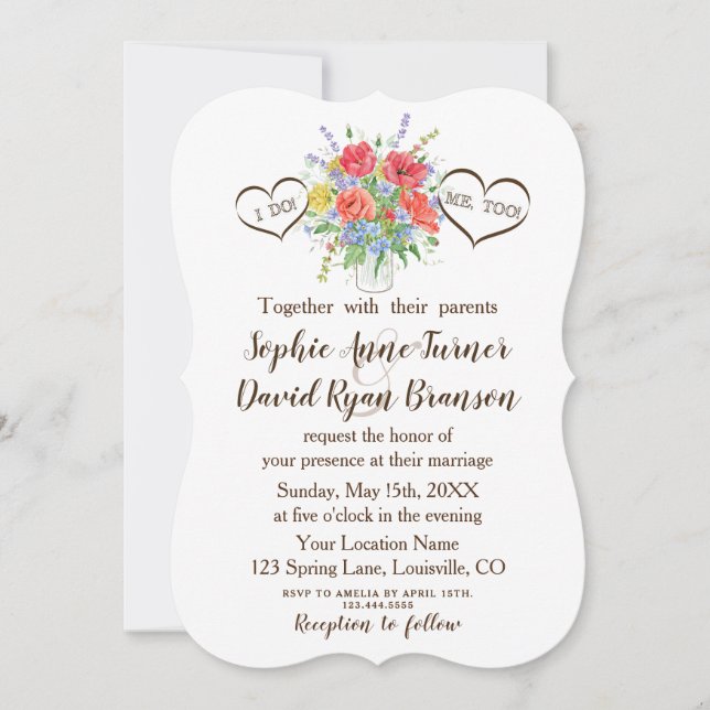 Convites Rustic Watercolor Wild Flowers Heart Wedding (Frente)