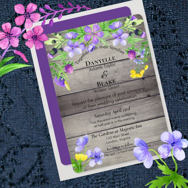 Convites Rustic Watercolor Wildflower Purple Blue Casamento (Criador carregado)