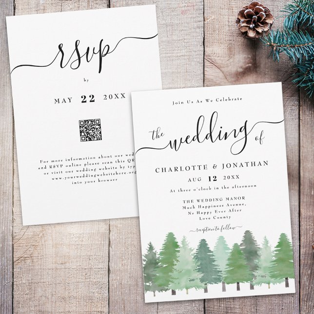 Convites Rustic Watercolor Woodland Forest Casamento Código (Modern watercolor Woodland forest rustic wedding qr code rsvp invitation elegant script )
