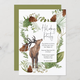Convites Rustic Watercolor Woodland Reindeer Holiday Party