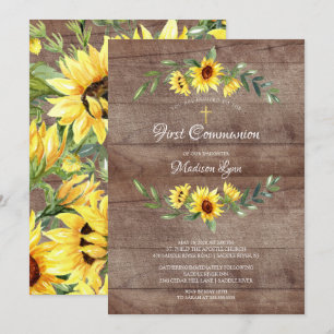 Convites Rustic Watercolor Yellow Sunflower First Communanc