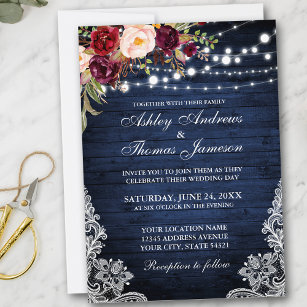 Convites Rustic Wedding Blue Wood Lights Lace Floral Invite