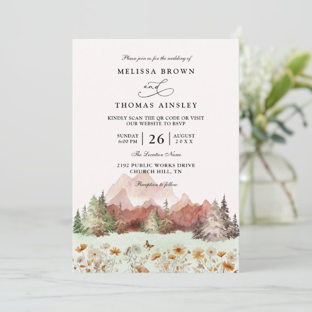 Convites Rustic Wedding Mountain Wildflower QR Code Wedding (Em pé/Frente)