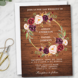 Convites Rustic Wedding Wood Burgundy Floral Wreath Invite