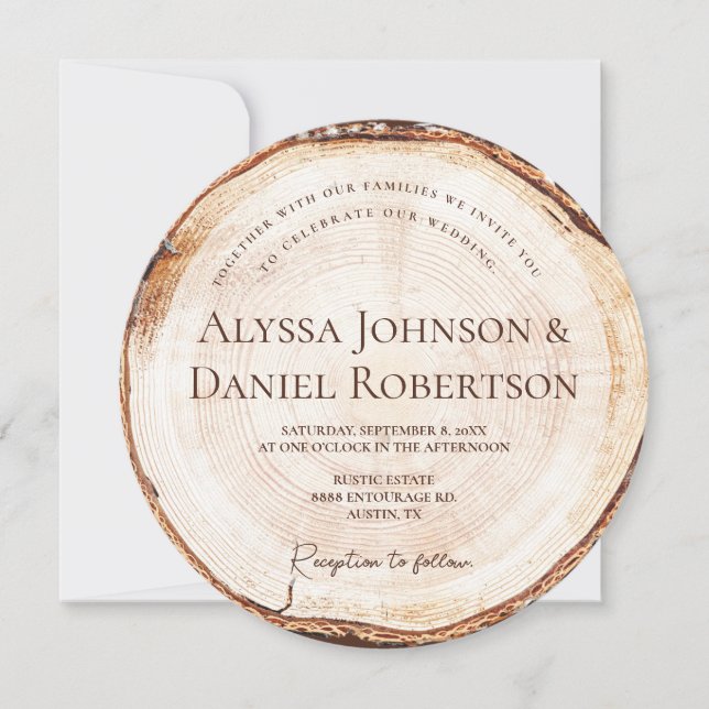 Convites Rustic Wedding Wood Cut WIth Código QR website (Frente)