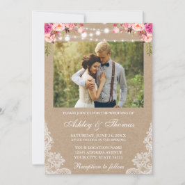 Convites Rustic Wedds Lace Foto Floral Kraft