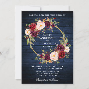 Convites Rustic Weding Blue Wood Burgundy Wreath Invite