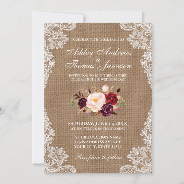 Convites Rustic Wedlap Lace Floral Invite B (Frente)