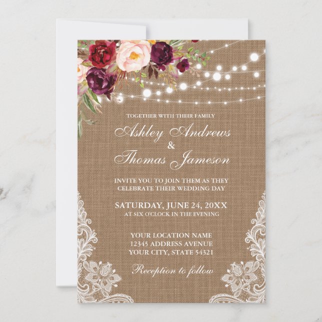 Convites Rustic Wedlap Lights Lace Floral Invite (Frente)