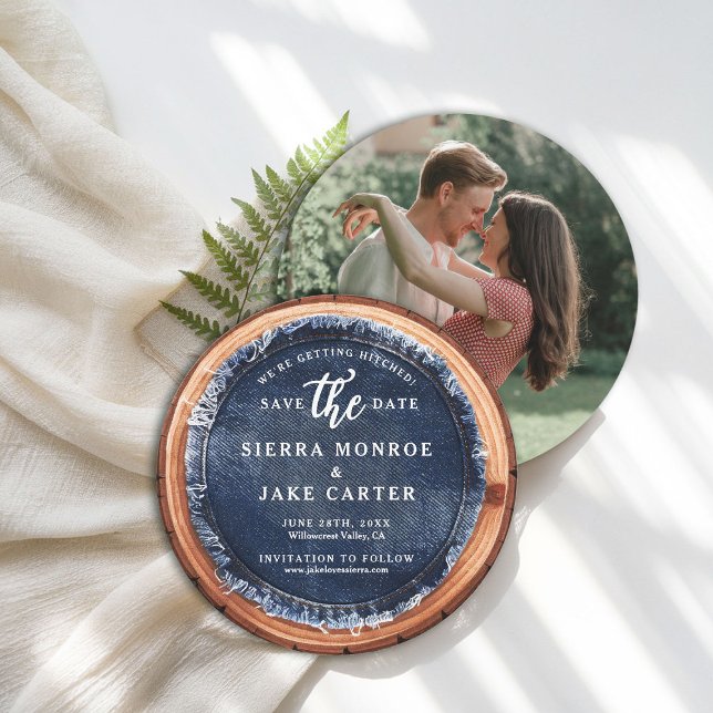 Convites Rustic Weds Save Date Fatia De Madeira Denim Foto (rustic wedding save the date barn wood slice grain denim ranch country western casual chic)