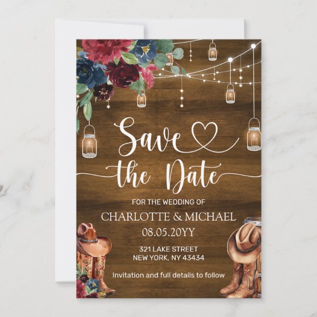 Convites Rustic Western Cowboy Save the Date Wedding (Frente)