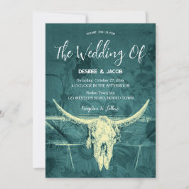 Convites Rustic Western Dark Teal Sunflower Bull Crânio