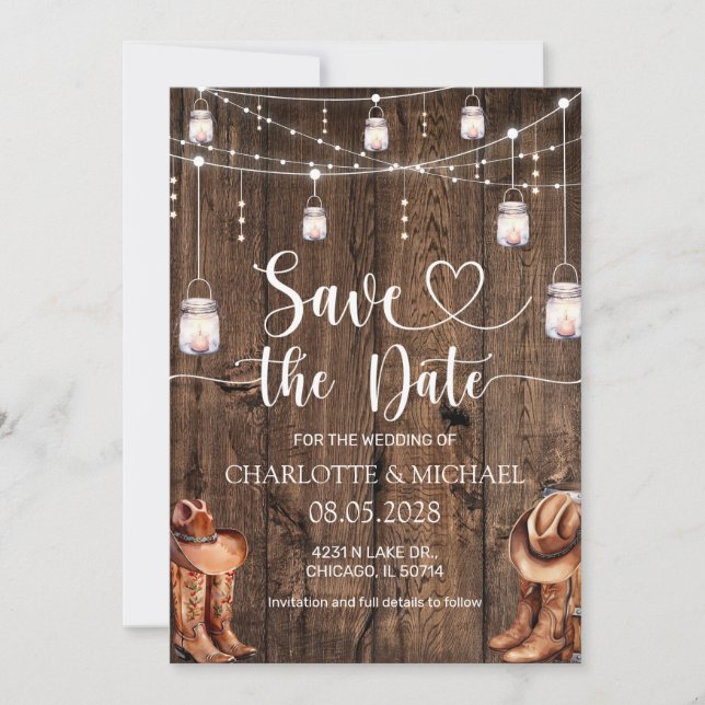 Convites Rustic Western Save the Date Wedding (Frente)