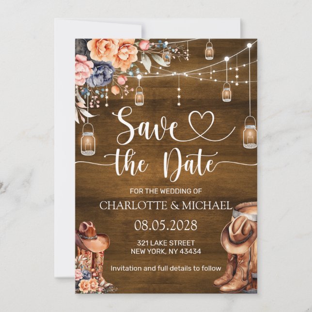 Convites Rustic Western Save the Date Wedding (Frente)