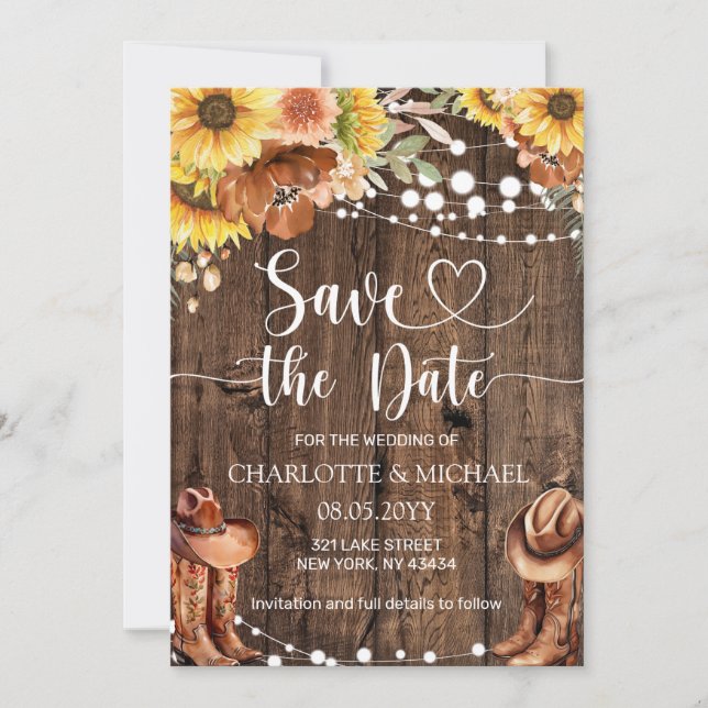 Convites Rustic Western Sunflower Save the Date Wedding (Frente)