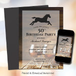 Convites Rustic Whiskey 50th Festa de aniversário<br><div class="desc">Convites de festas de aniversários para qualquer característica etária, uísque encheu decantador de cristal e óculos em uma mesa de madeira rústica e uma silhueta de cavalo de corrida (você pode remover o cavalo) e, claro, seus detalhes de festas em caracteres quicos, perfeito para convites masculinos. Todas as fontes, texto,...</div>