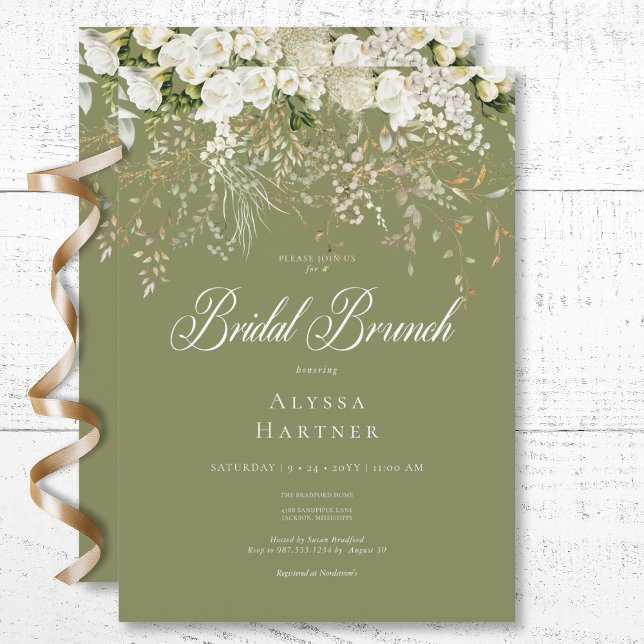 Convites Rustic White Floral Sage Green Bridal Brunch (Rustic White Floral Drop Sage Green Bridal Brunch Invitation)