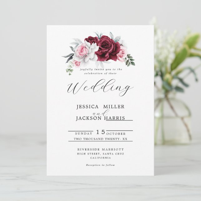 Convites Rustic White Maroon Rose Floral Wedding (Em pé/Frente)