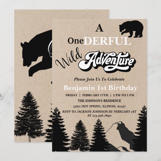 Convites Rustic Wild One Adventure Primeira Festa de aniver (Frente/Verso)
